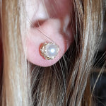 Load image into Gallery viewer, Crocheted Gold Pearl Studs