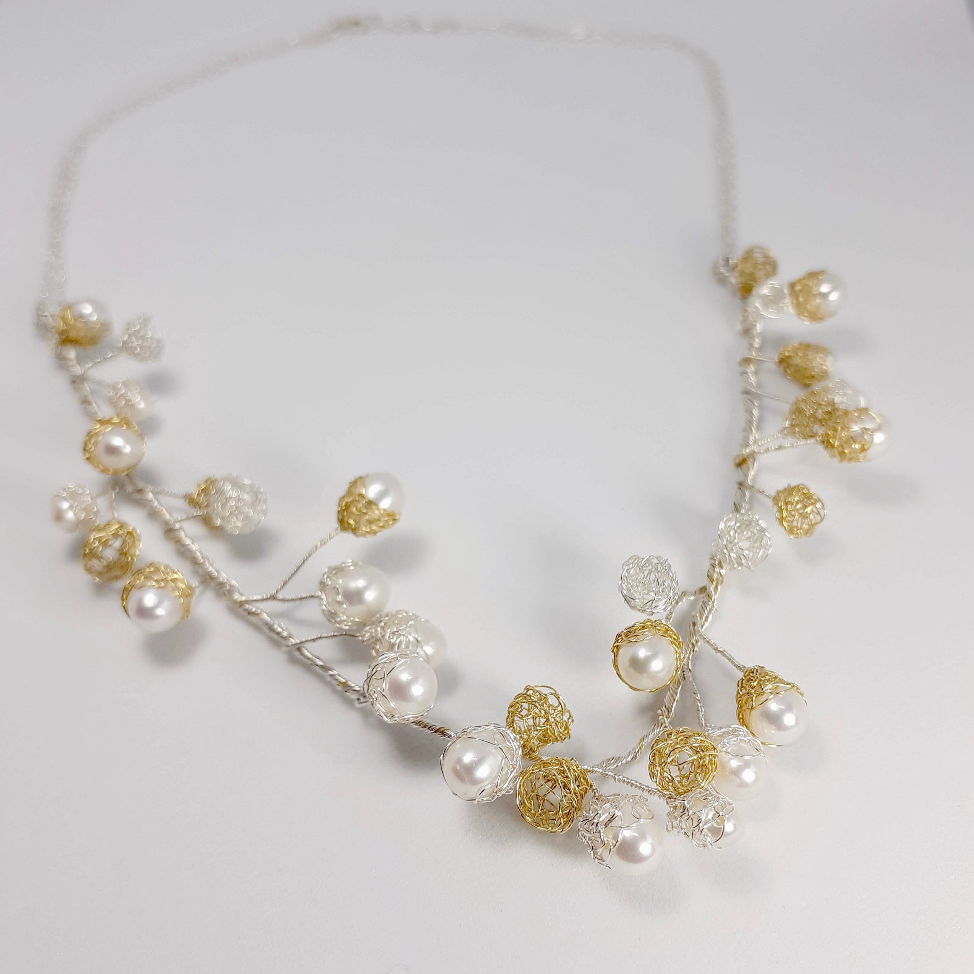 Crocheted Silver & Gold Pearl Vine Chain Necklace