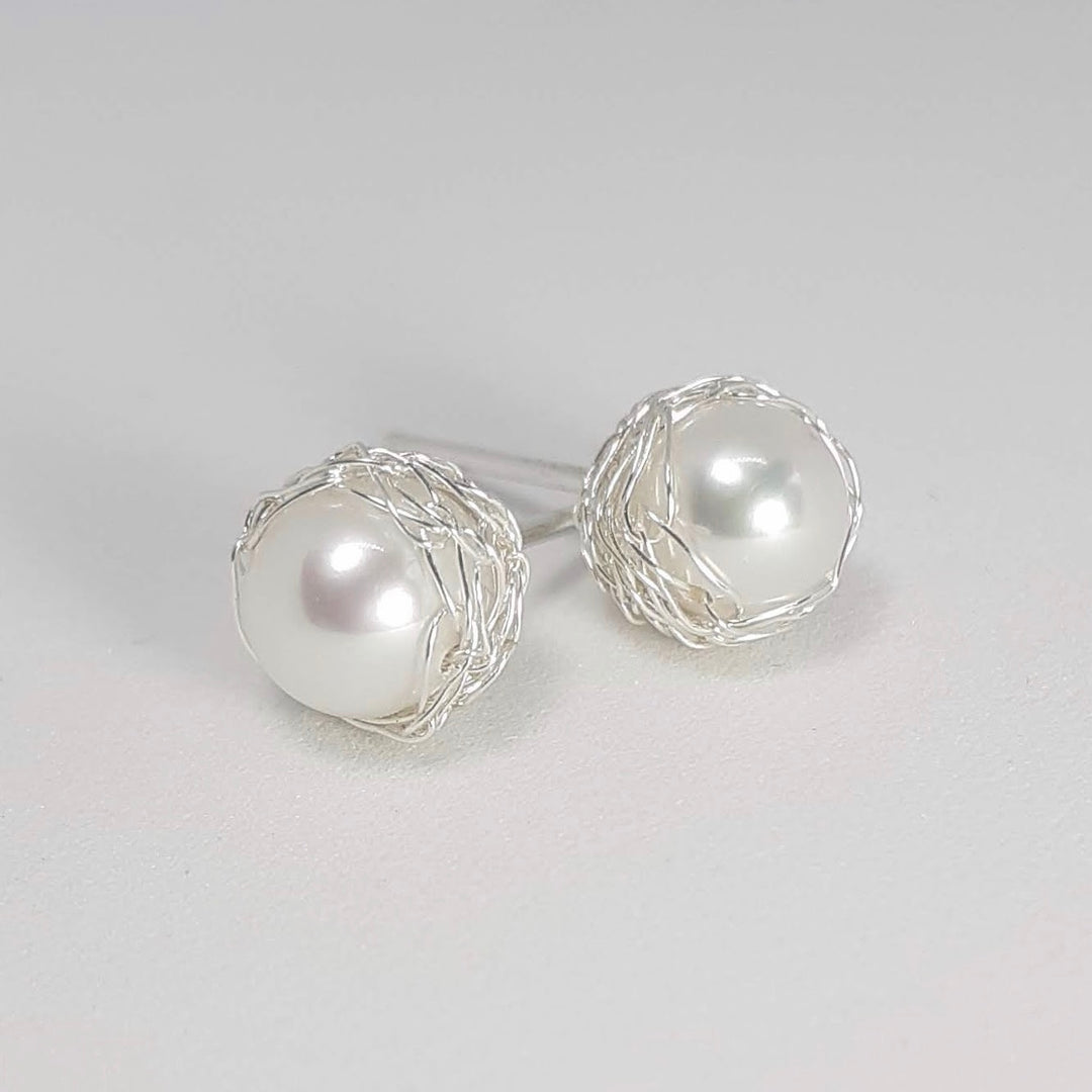 Crocheted Silver Pearl Studs