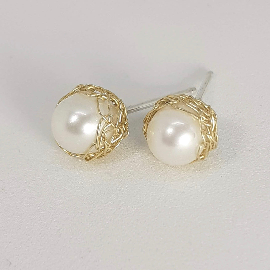 Crocheted Gold Vermeil Pearl Studs