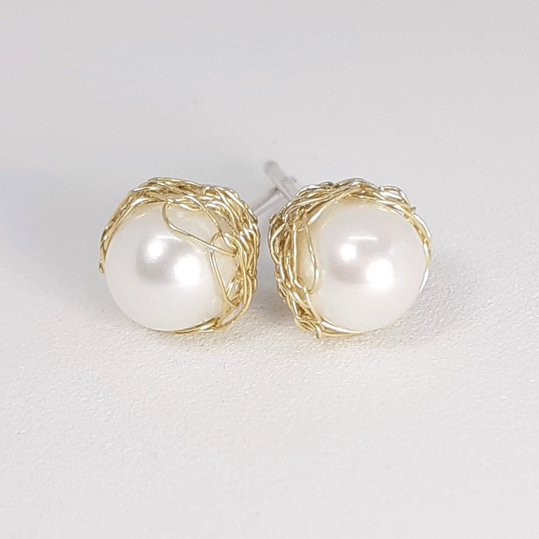 Crocheted Gold Pearl Studs