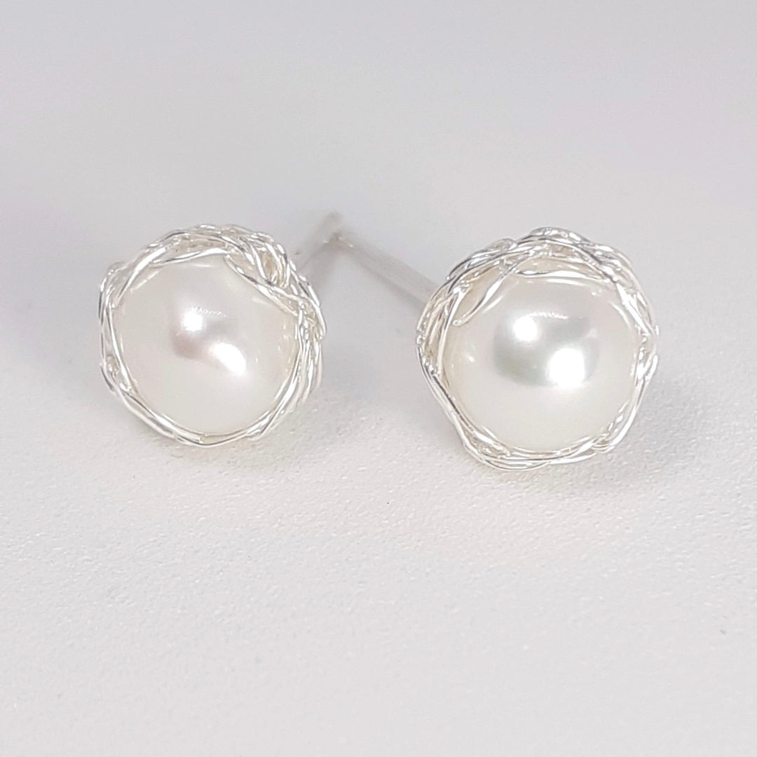 Crocheted Silver Pearl Studs