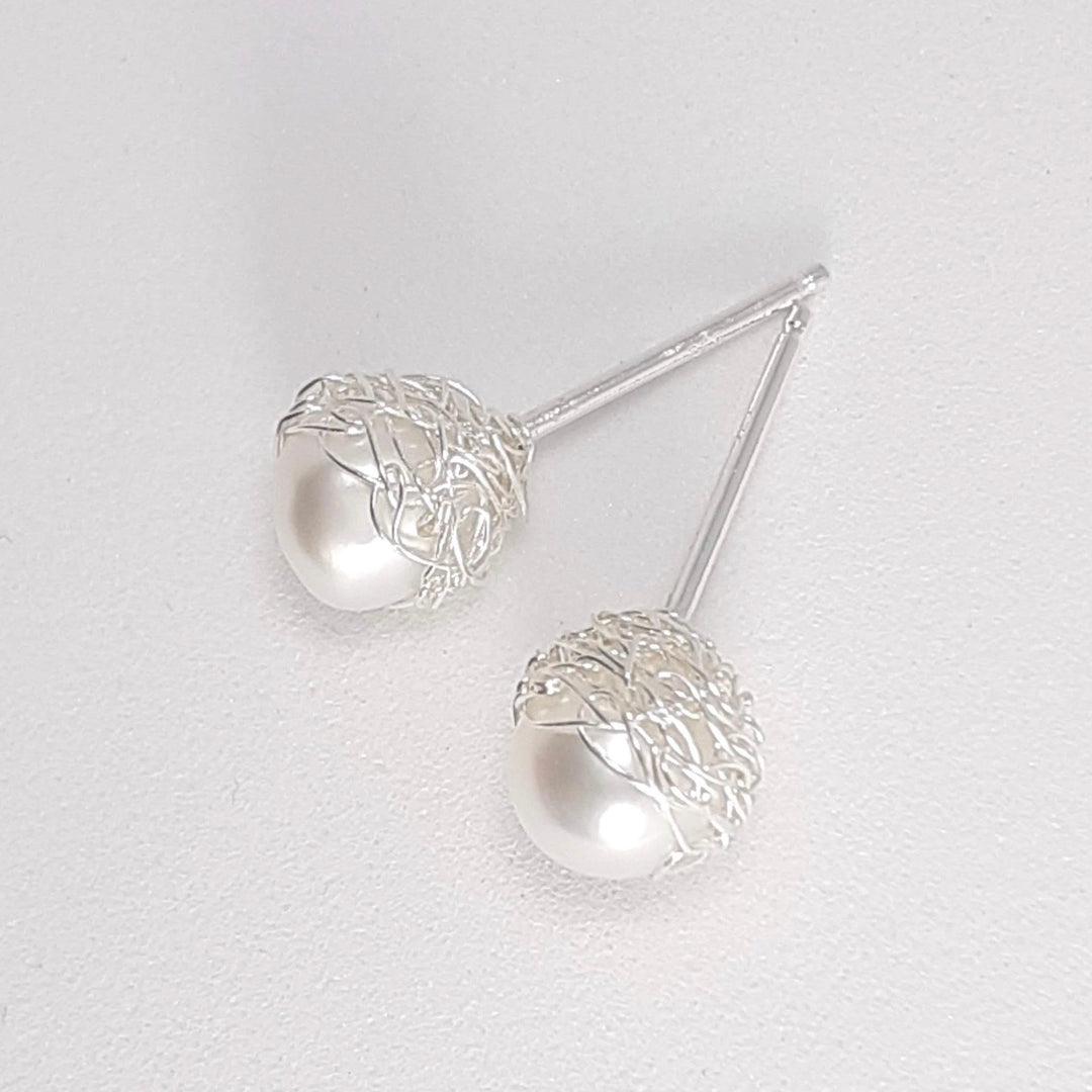 Crocheted Gold Vermeil Pearl Studs