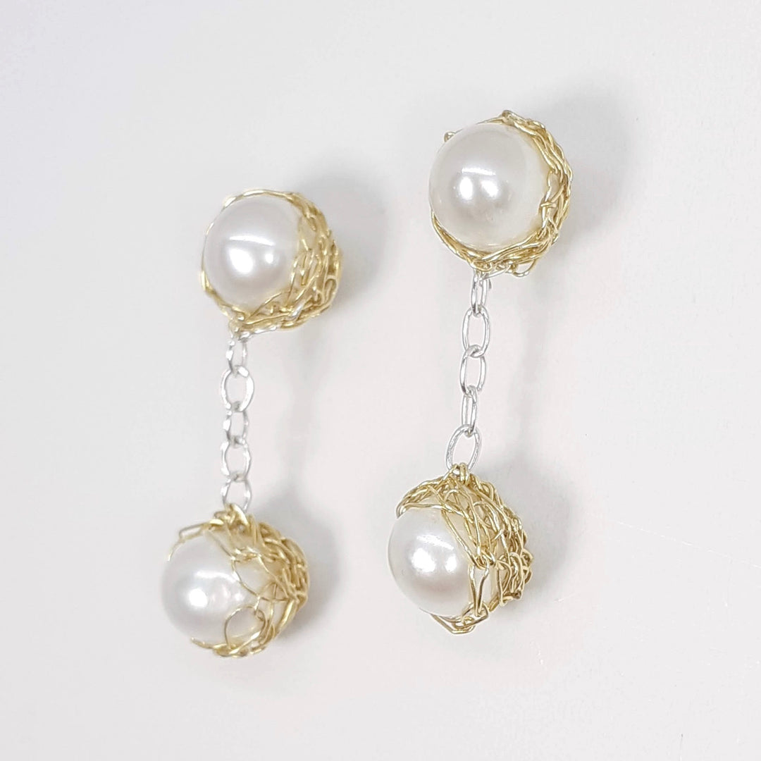 Crocheted Silver Drop Pearl Studs