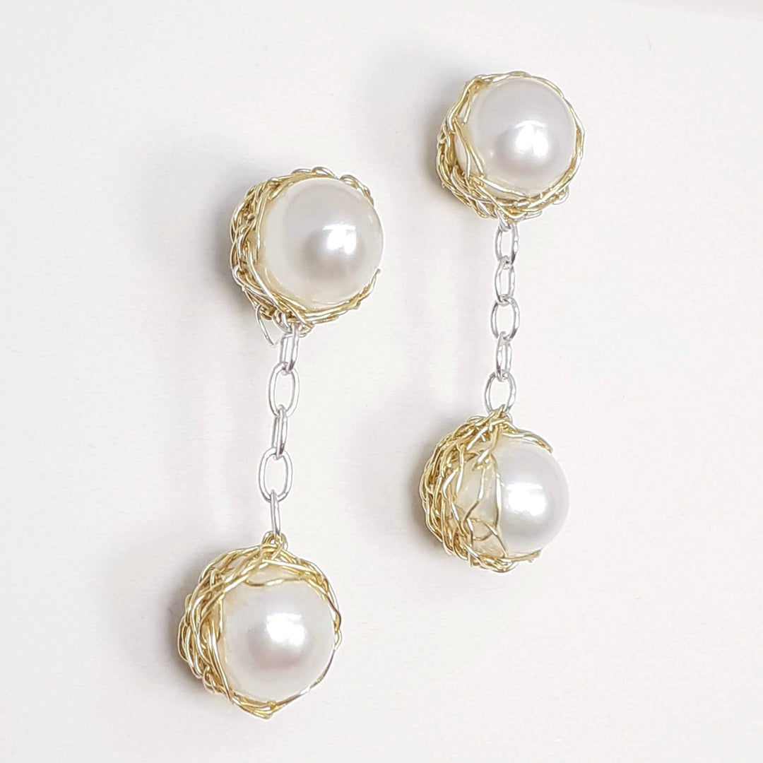 Crocheted Silver Drop Pearl Studs