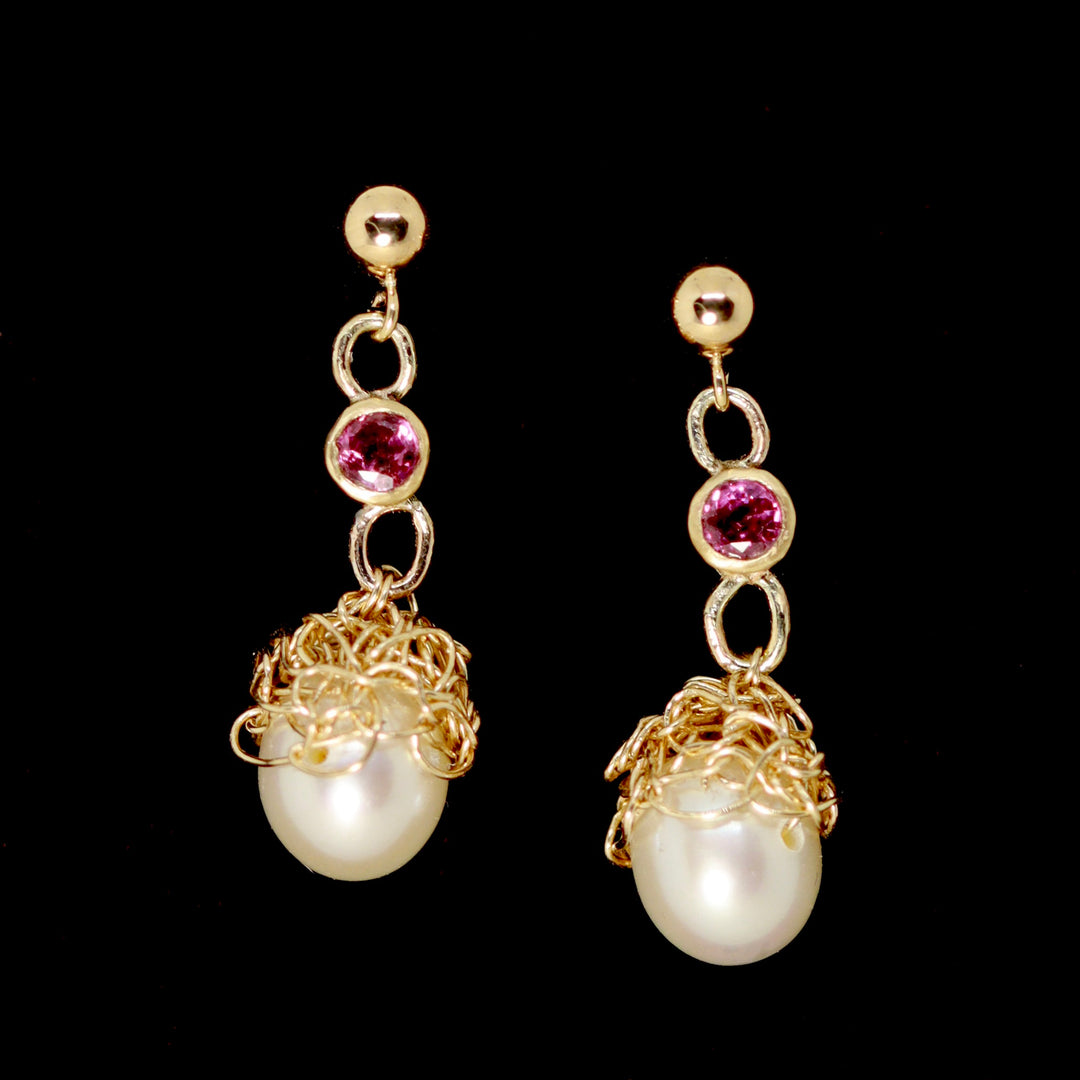 Crochet 9ct Gold & Ruby Stud Drop Earrings