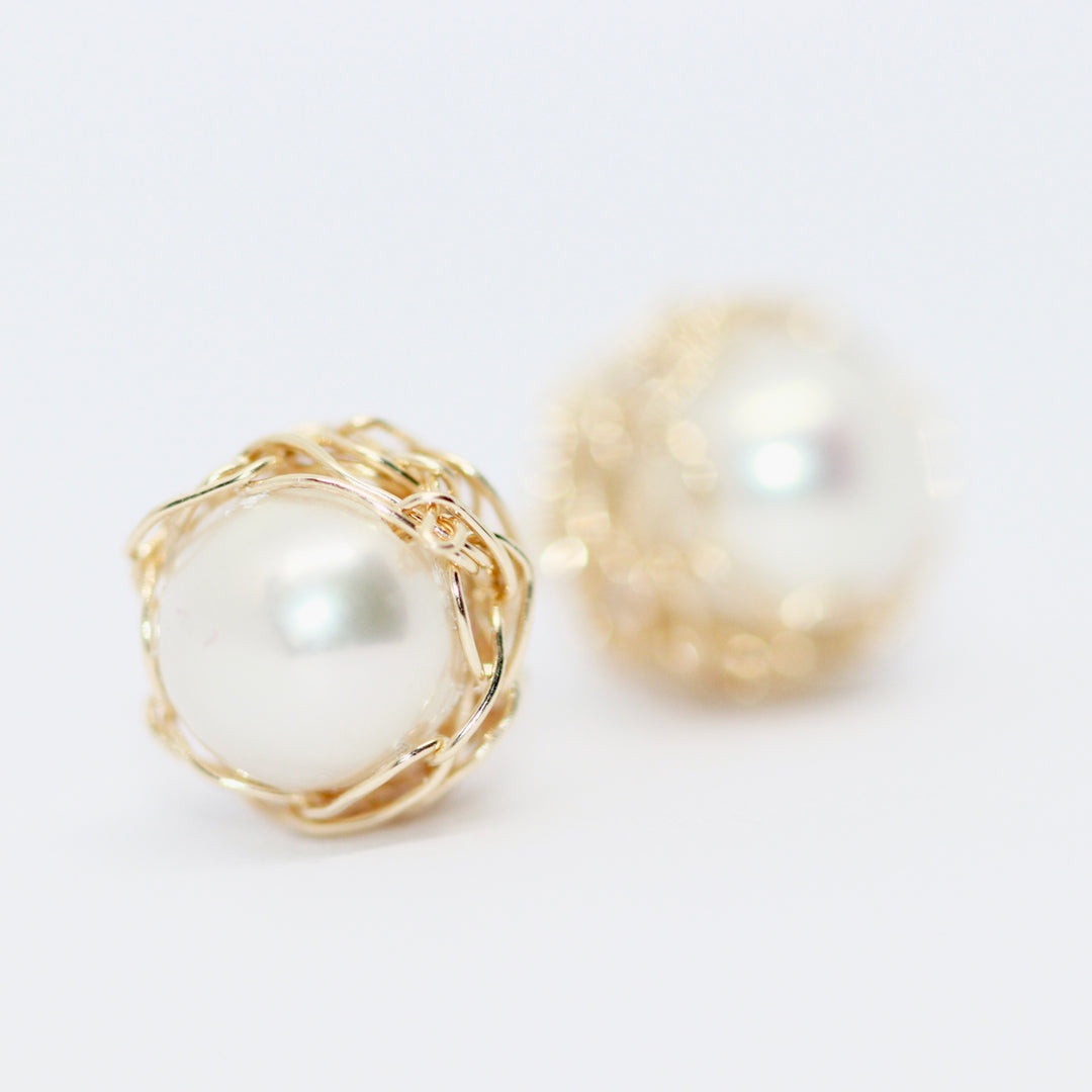 Crocheted Gold Pearl Studs