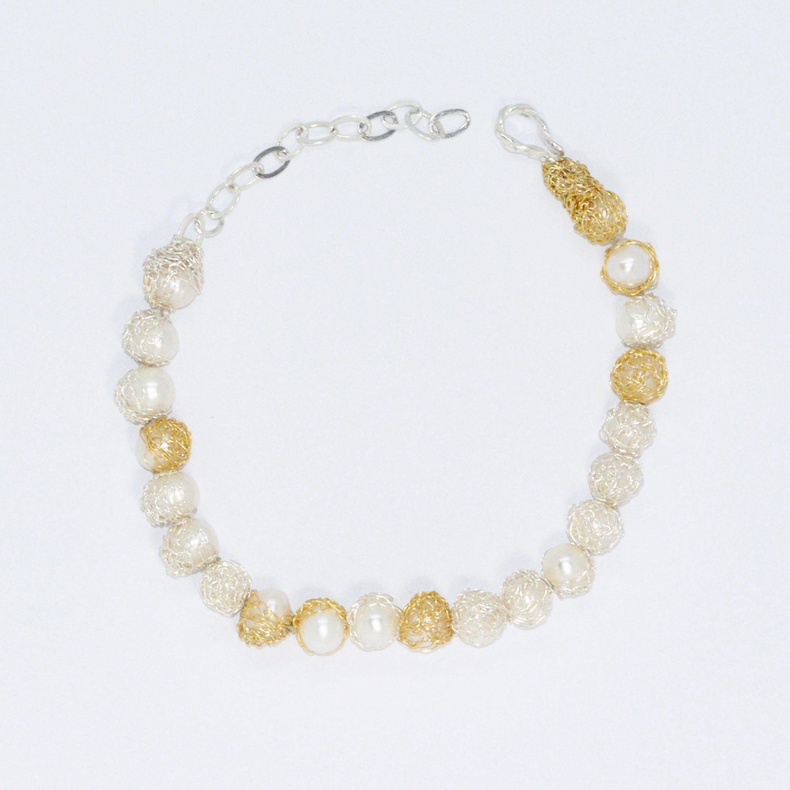 Crocheted Silver & Gold String of Pearls Bracelet