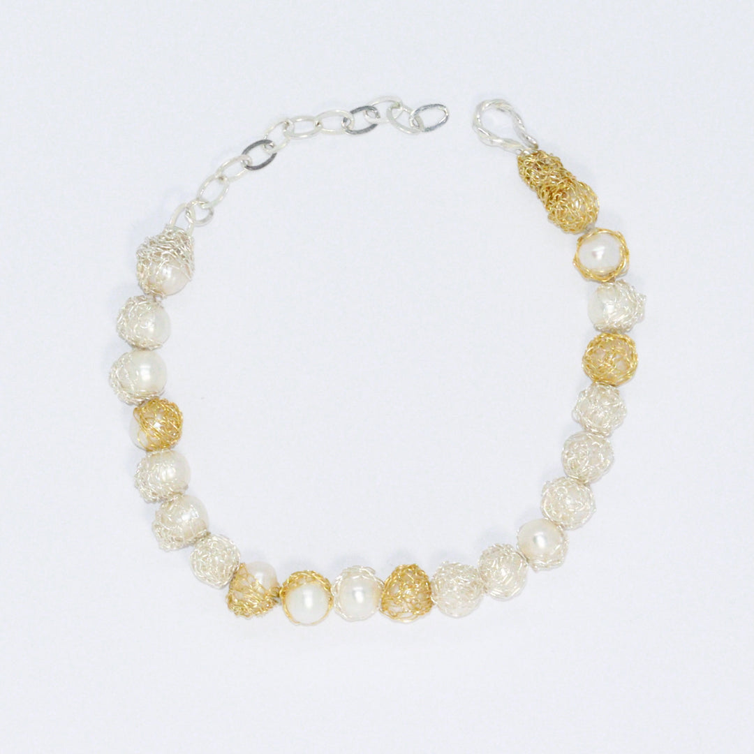 Crocheted Silver & Gold String of Pearls Bracelet