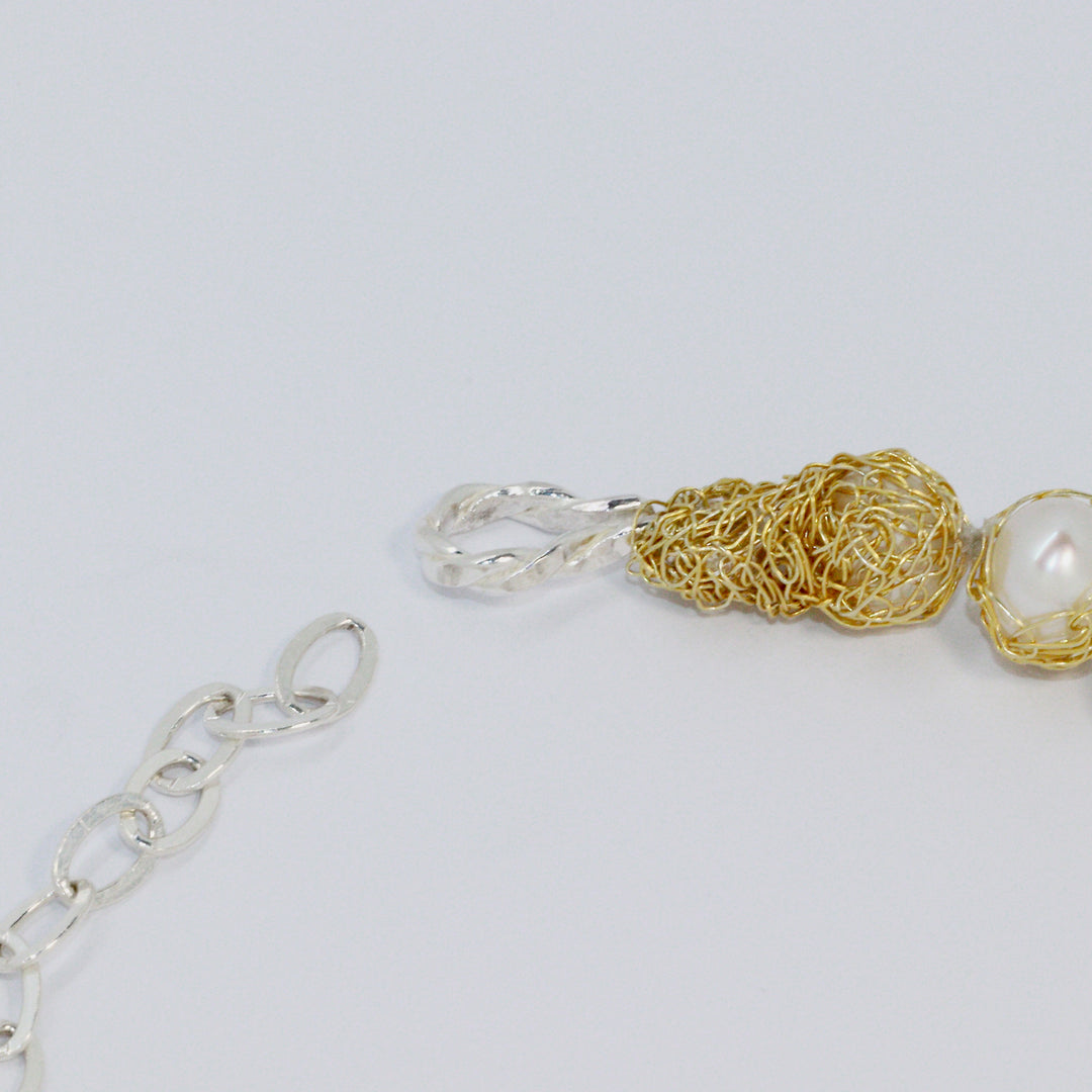 Crocheted Silver & Gold String of Pearls Bracelet