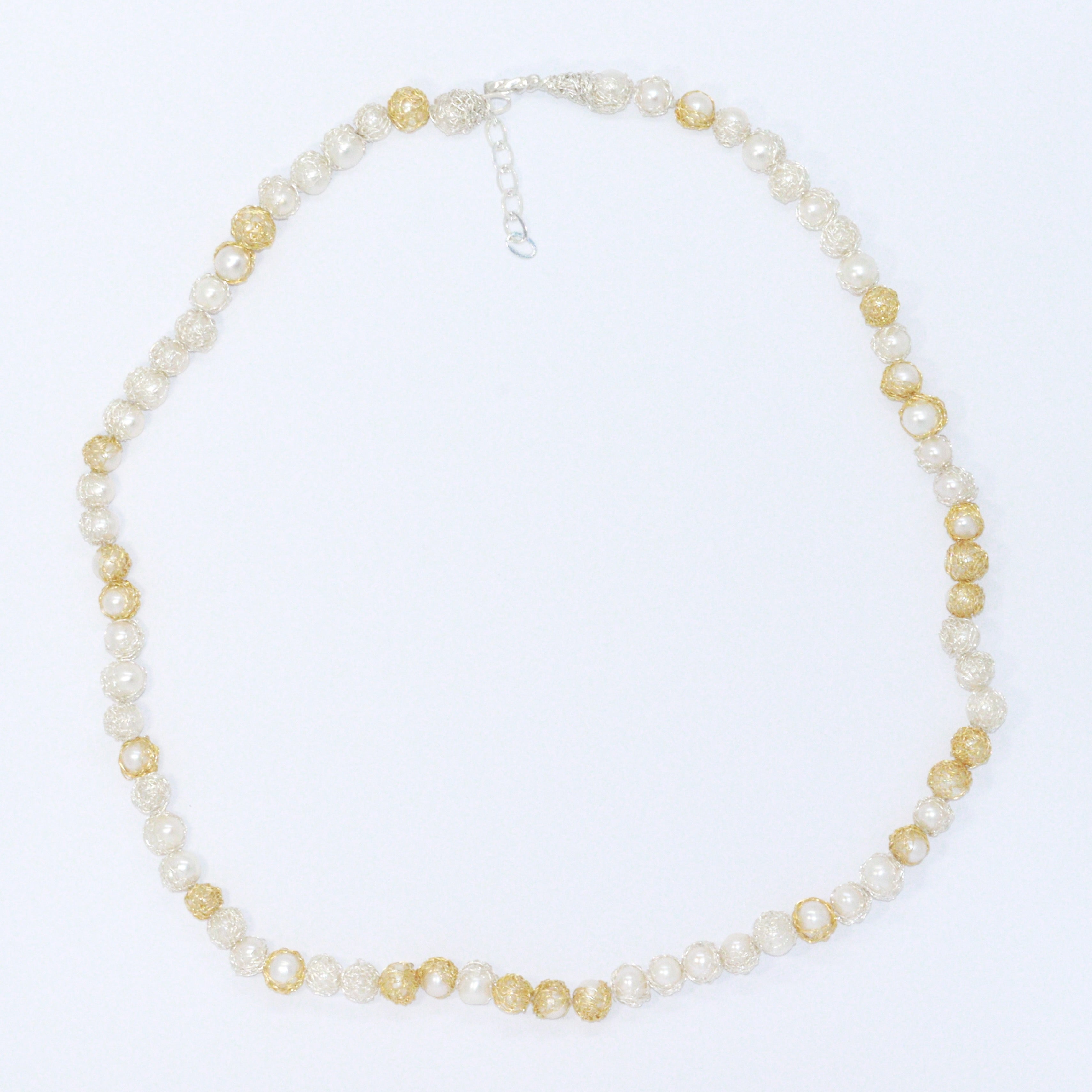 Crocheted Silver & Gold String of Pearls Necklace