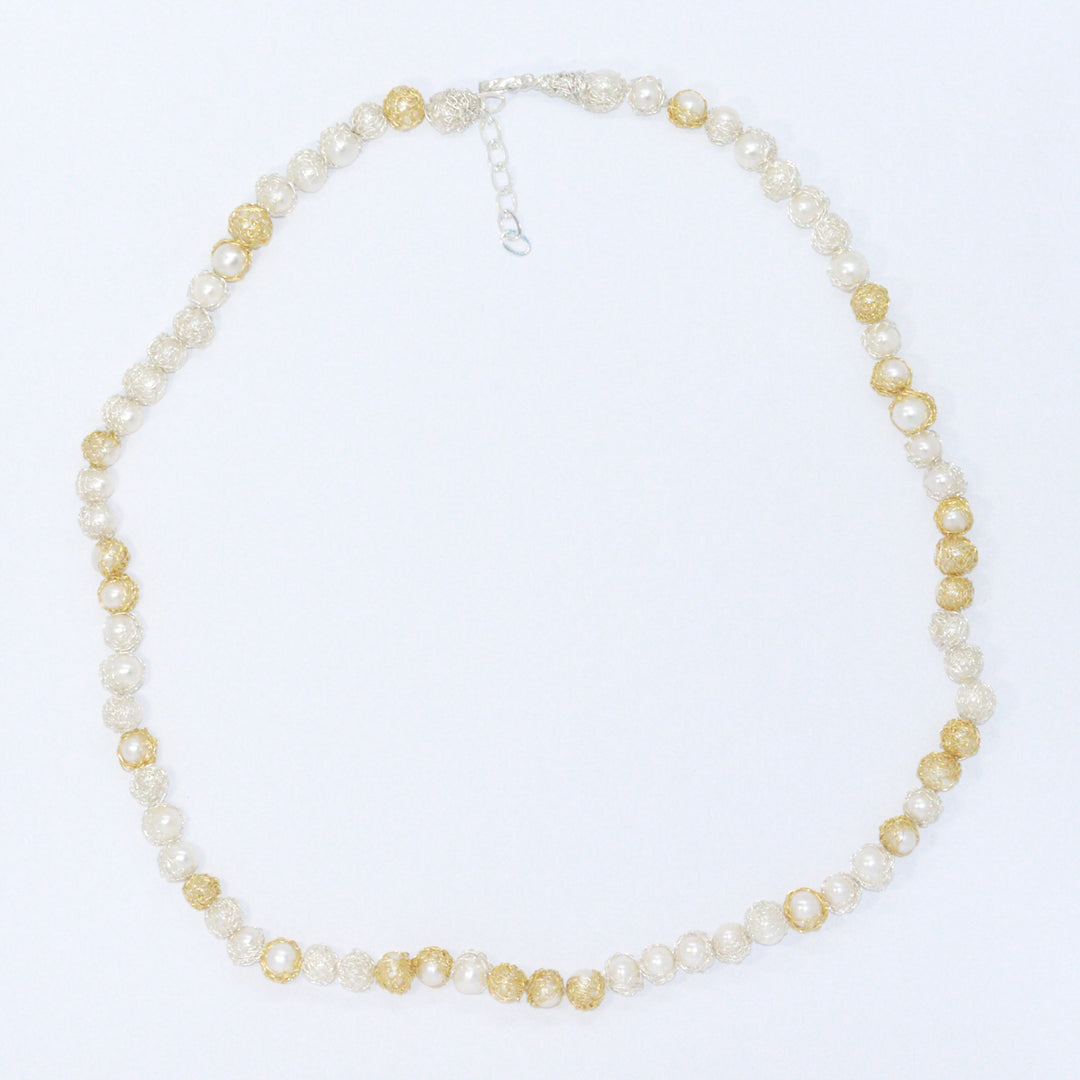 Crocheted Silver & Gold String of Pearls Necklace