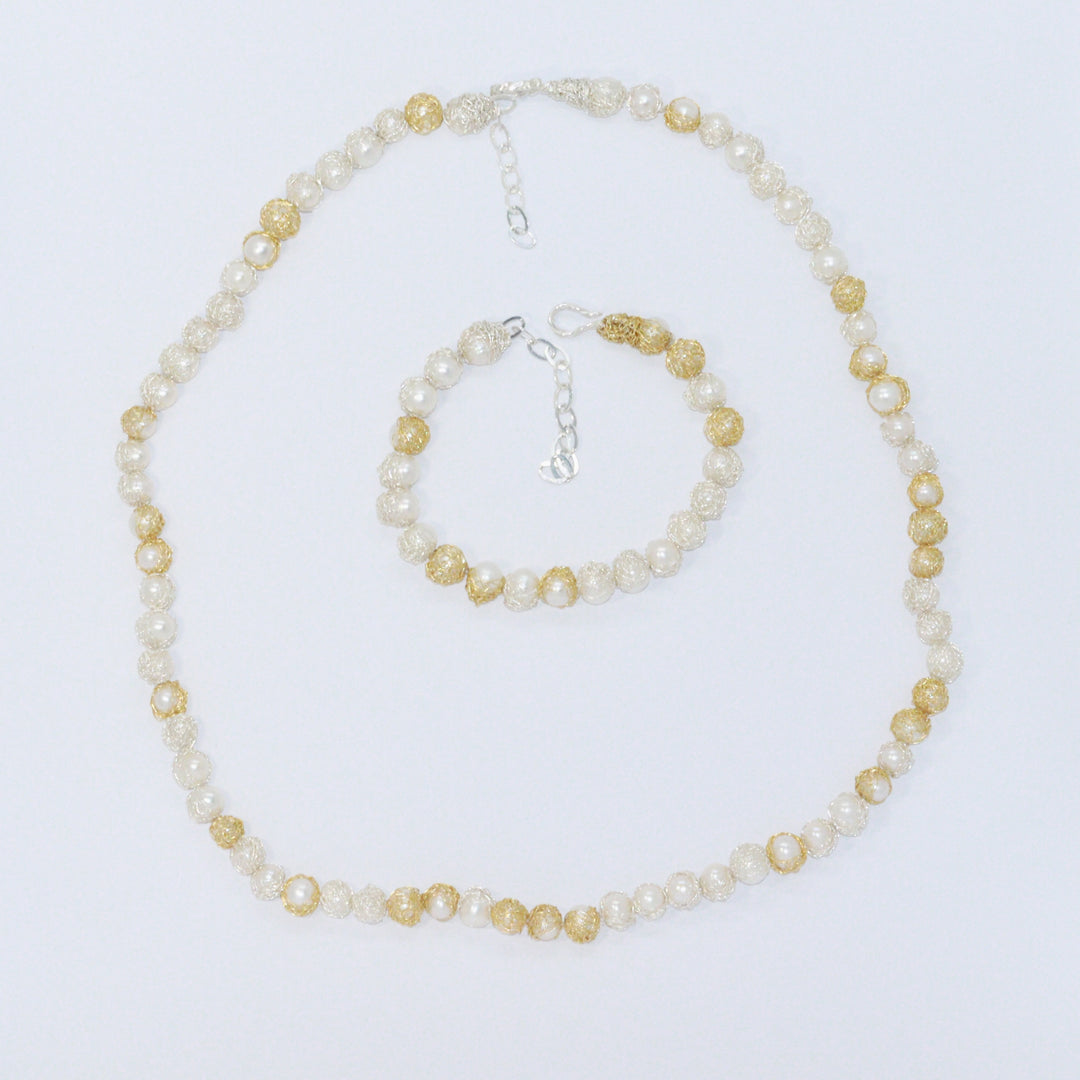 Crocheted Silver & Gold String of Pearls Necklace