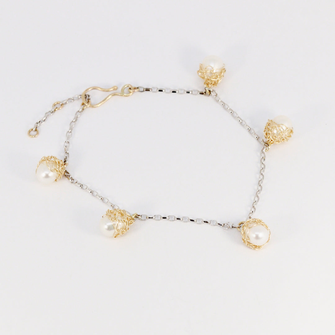 Crocheted Gold Pearl Charm Bracelet