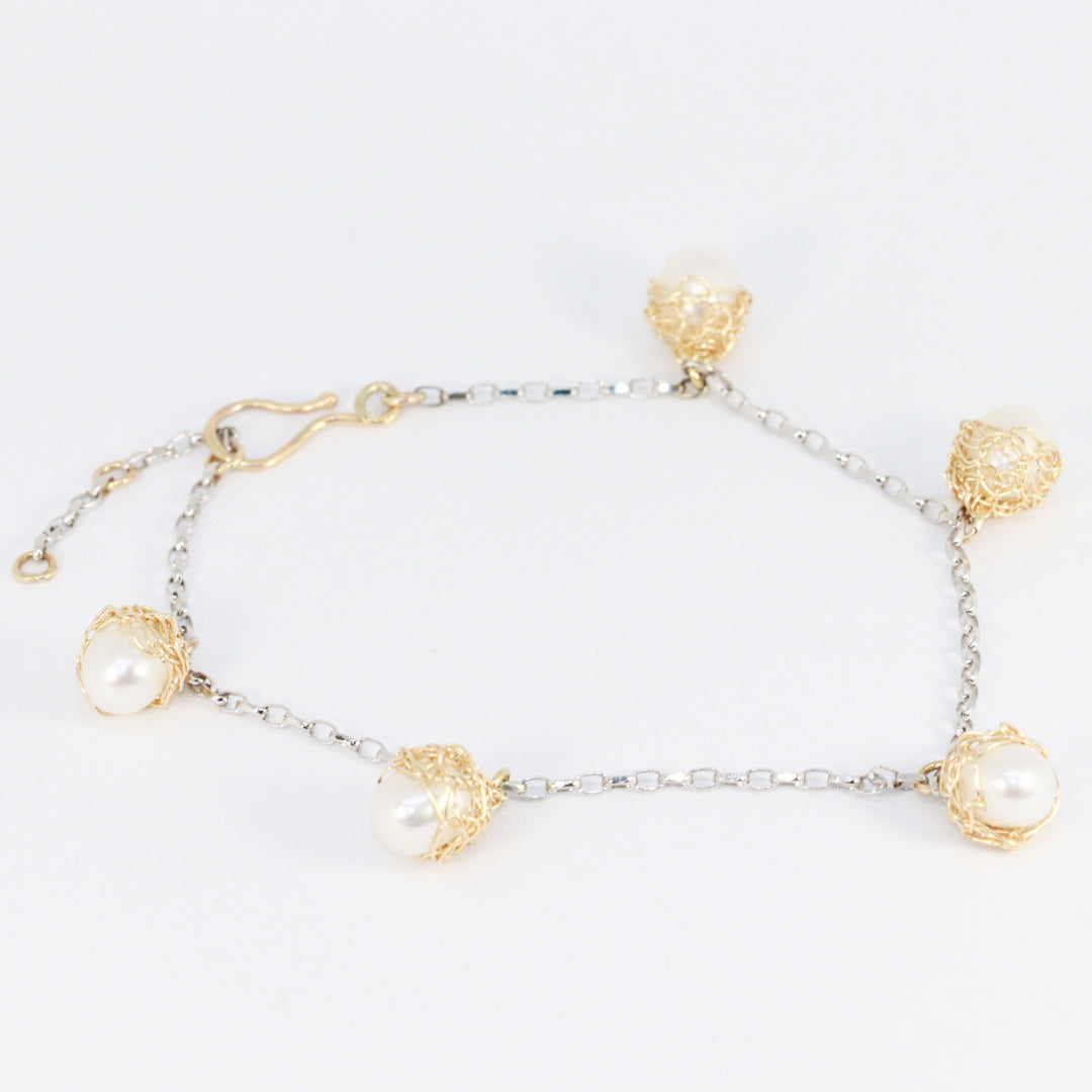 Crocheted Gold Pearl Charm Bracelet