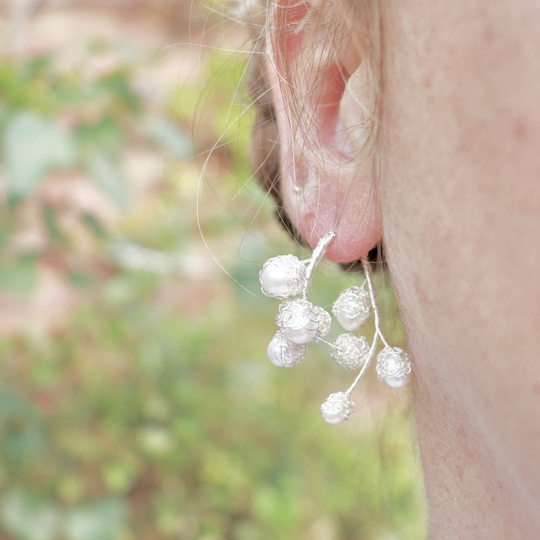 Crocheted Gold Pearl Hoop Earrings