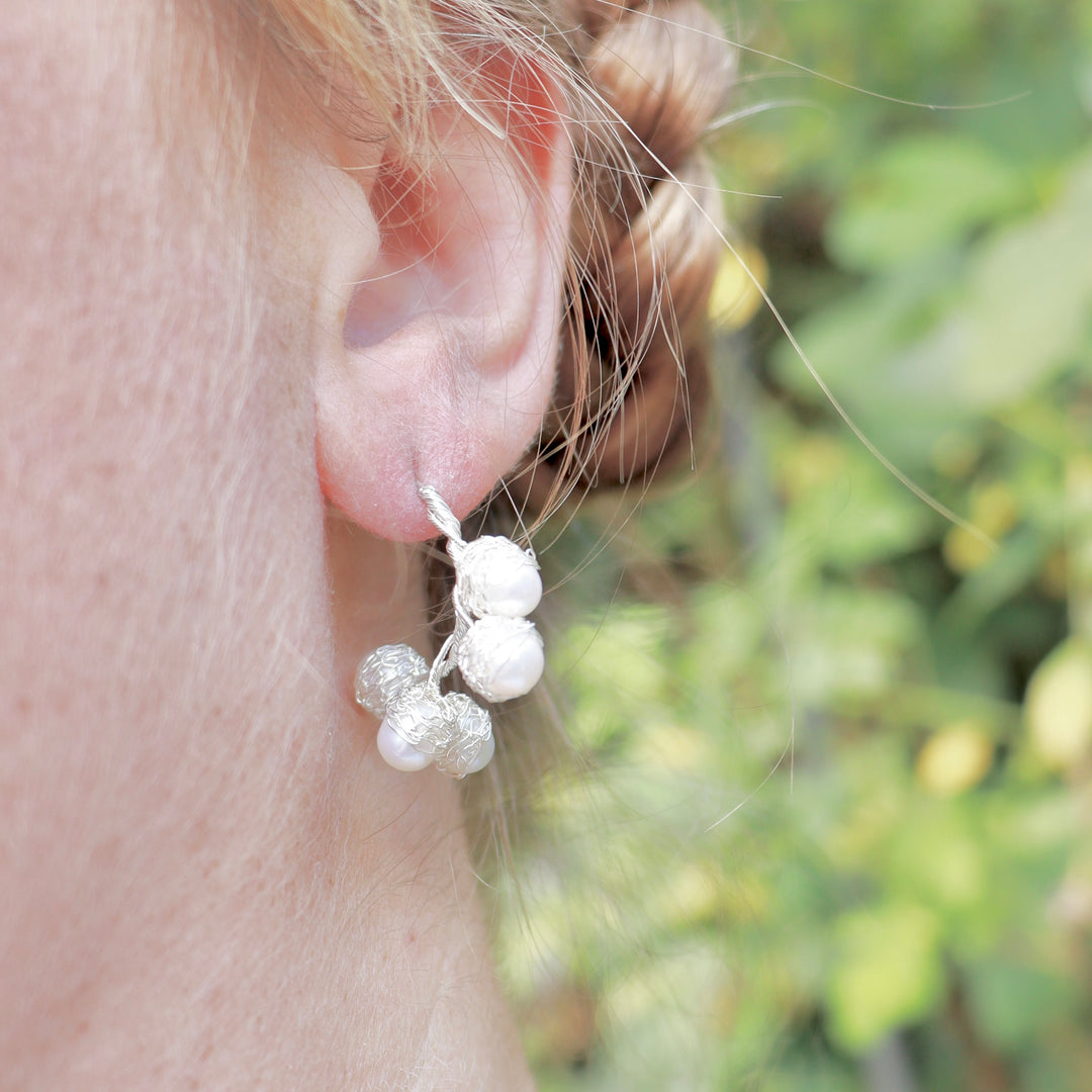 Crocheted Gold Pearl Hoop Earrings