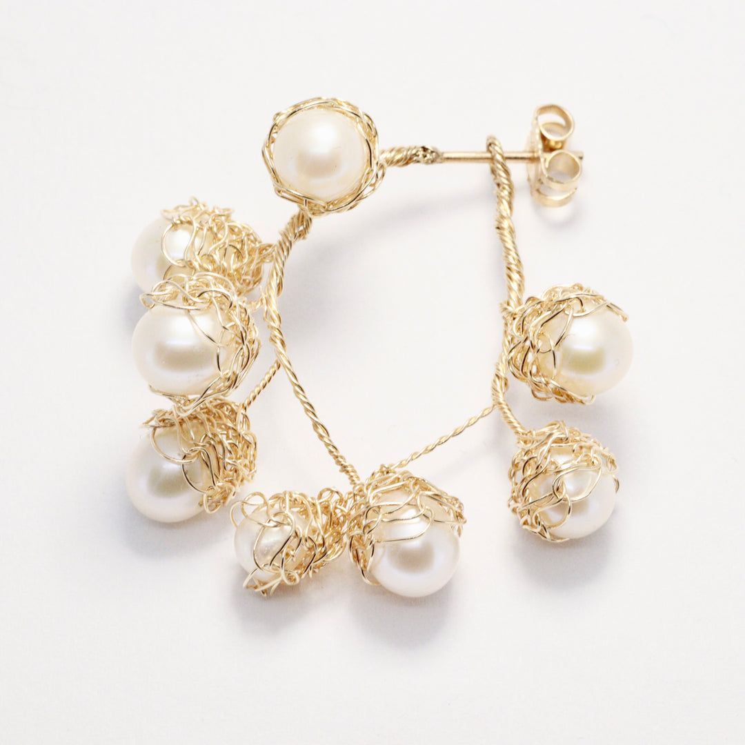 Crocheted Gold Pearl Hoop Earrings