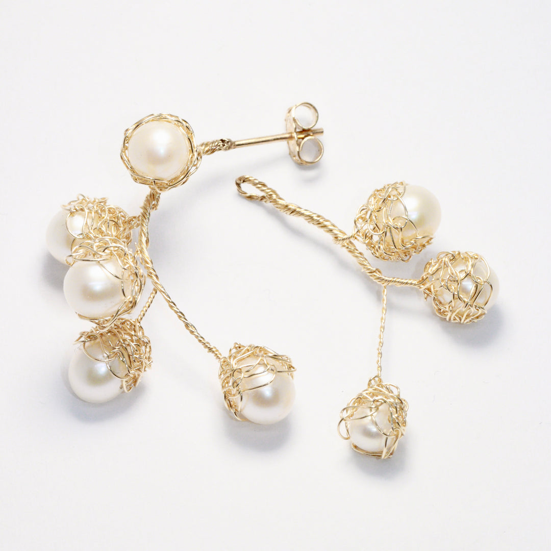 Crocheted Gold Pearl Hoop Earrings