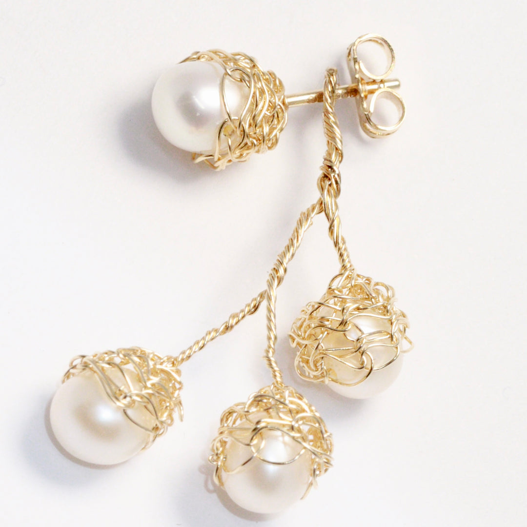 Crocheted Gold Pearl Drop Earrings