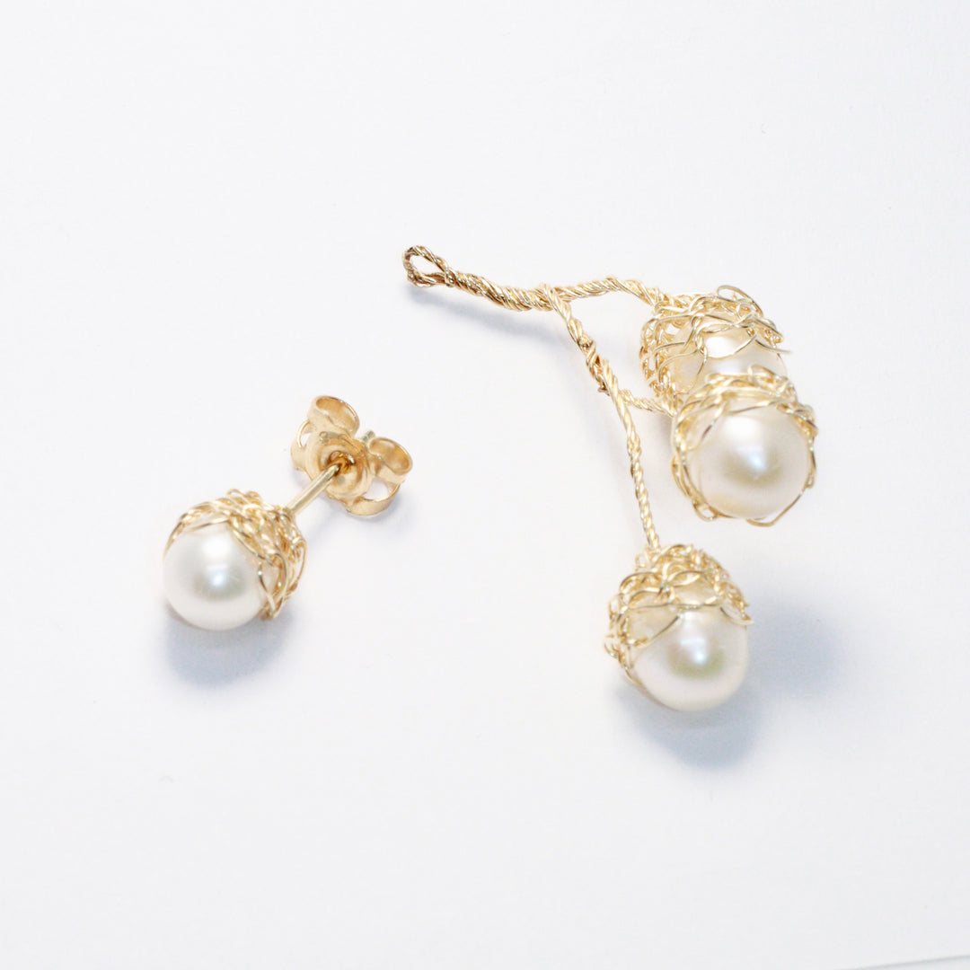 Crocheted Gold Pearl Drop Earrings