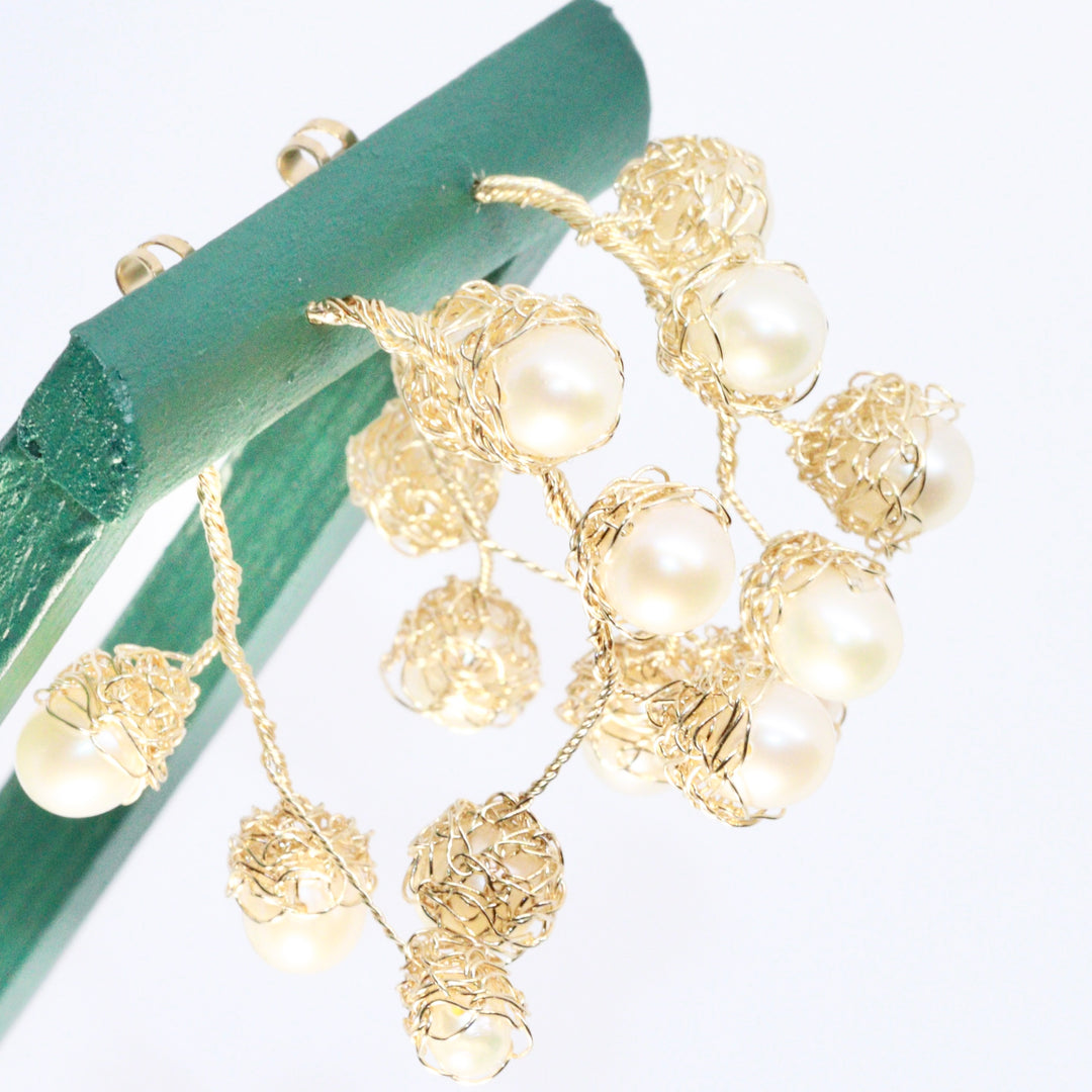 Crocheted Gold Pearl Hoop Earrings