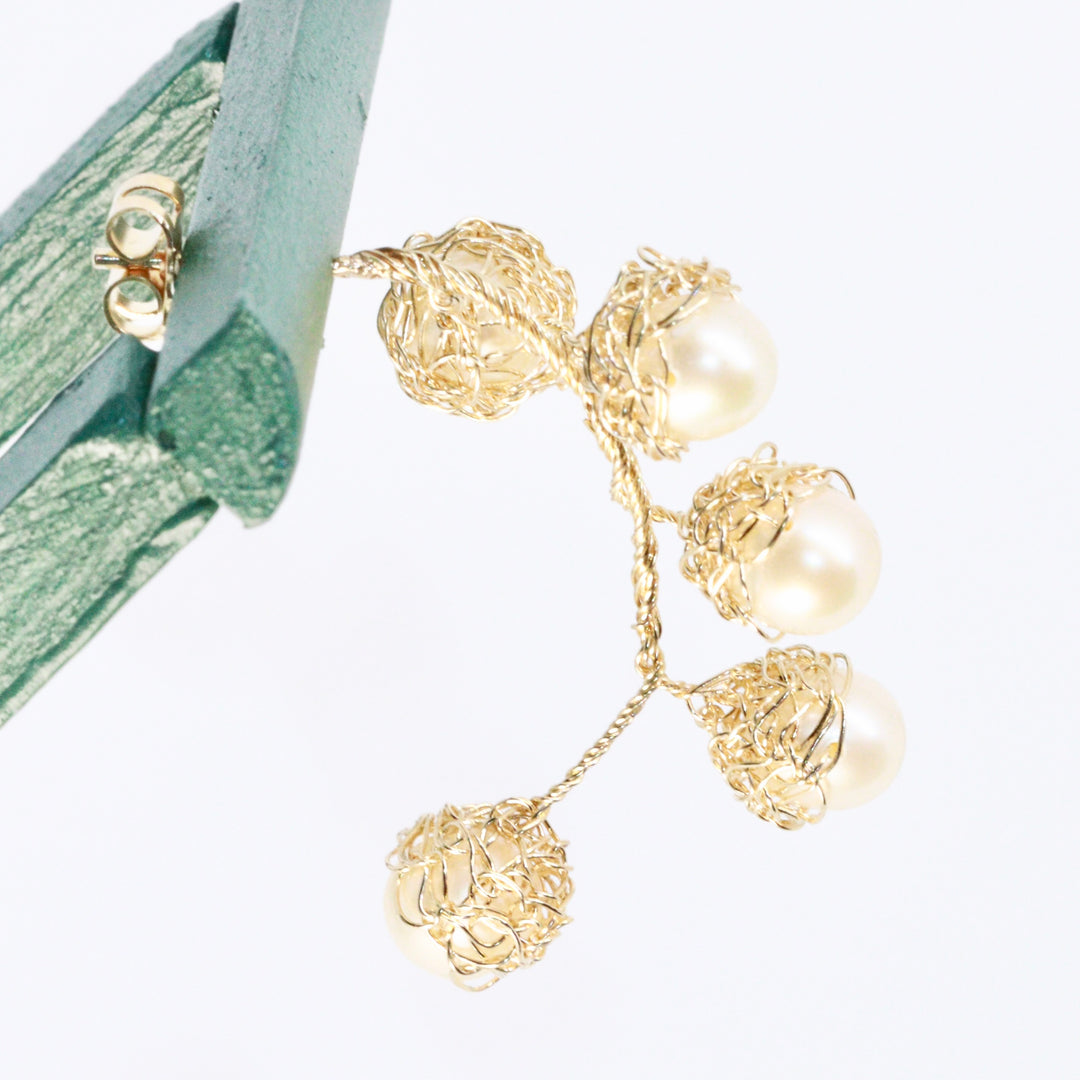 Crocheted Gold Pearl Hoop Earrings