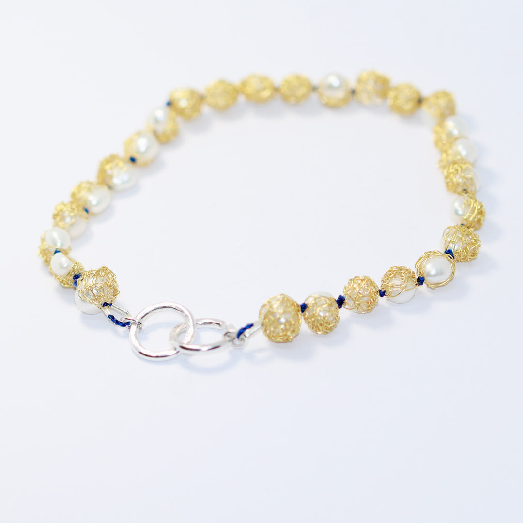 Crocheted Gold Vermeil String of Pearls Bracelet