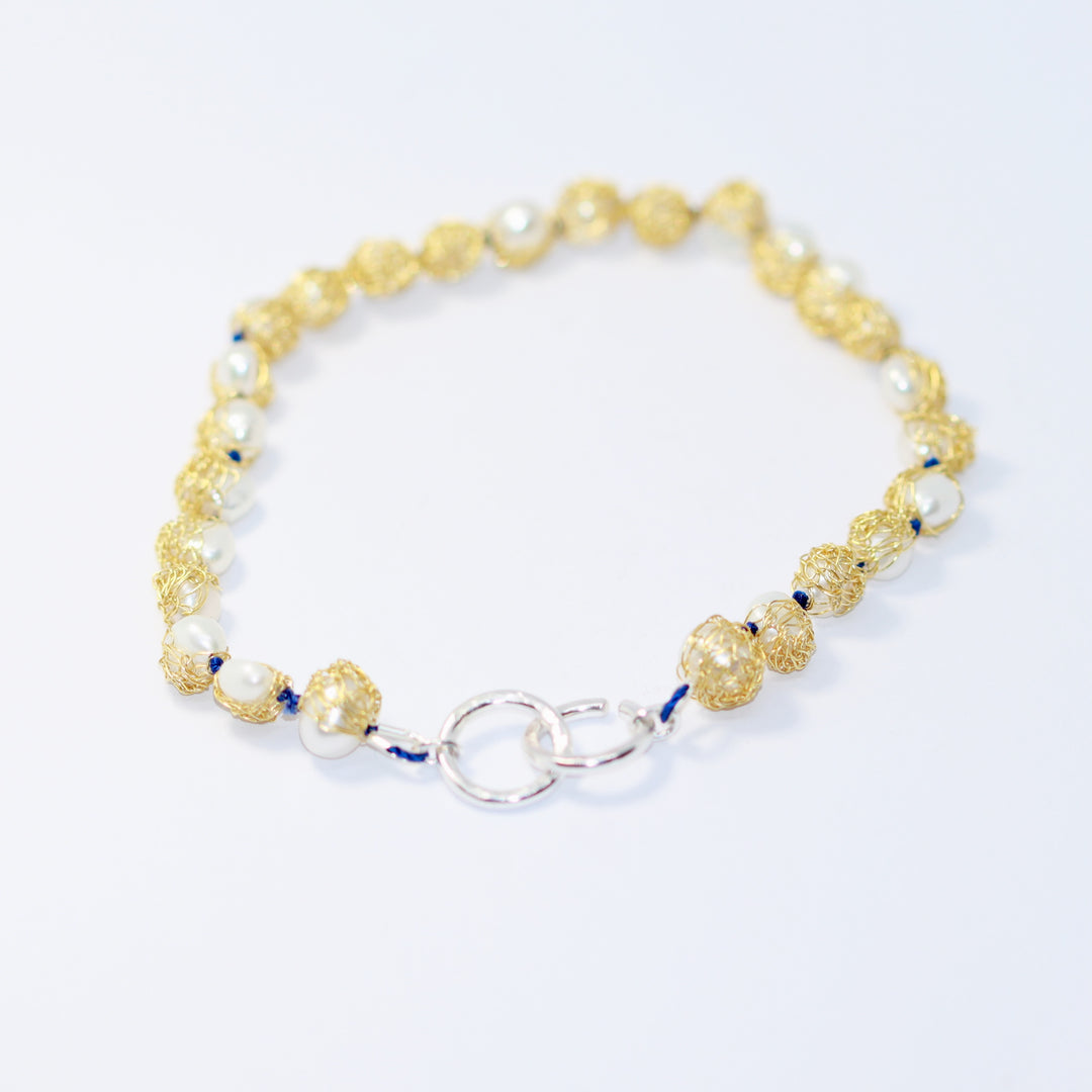 Crocheted Gold Vermeil String of Pearls Bracelet