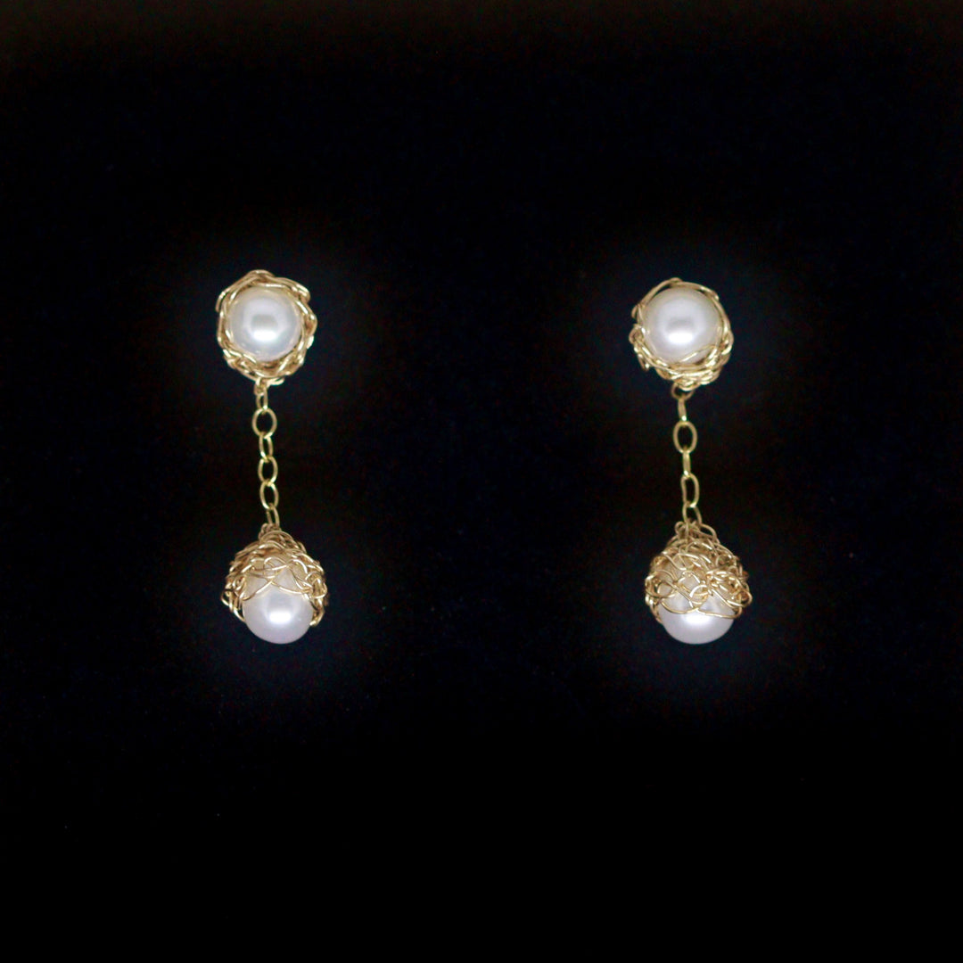 Crocheted Gold Drop Pearl Studs