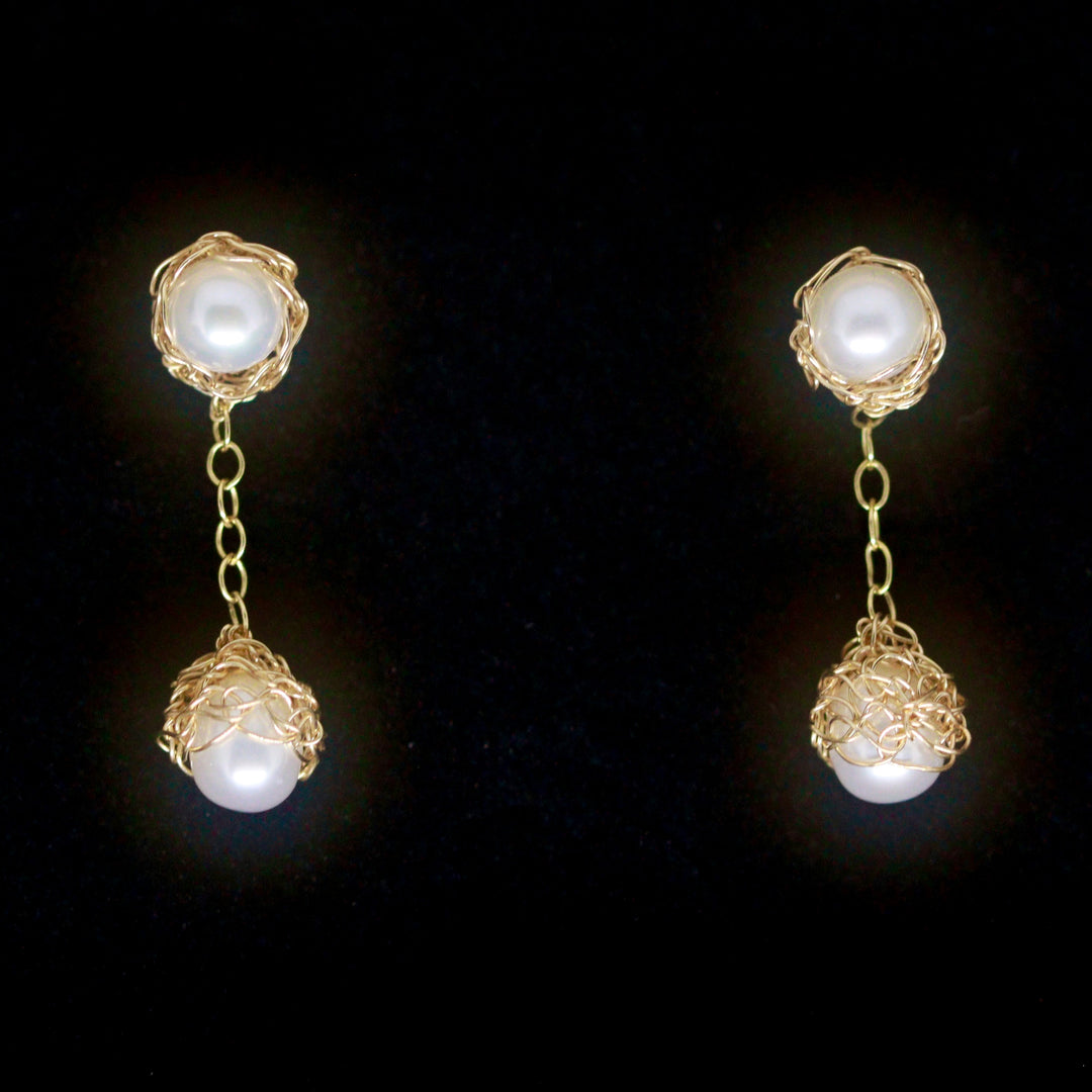 Crocheted Gold Drop Pearl Studs