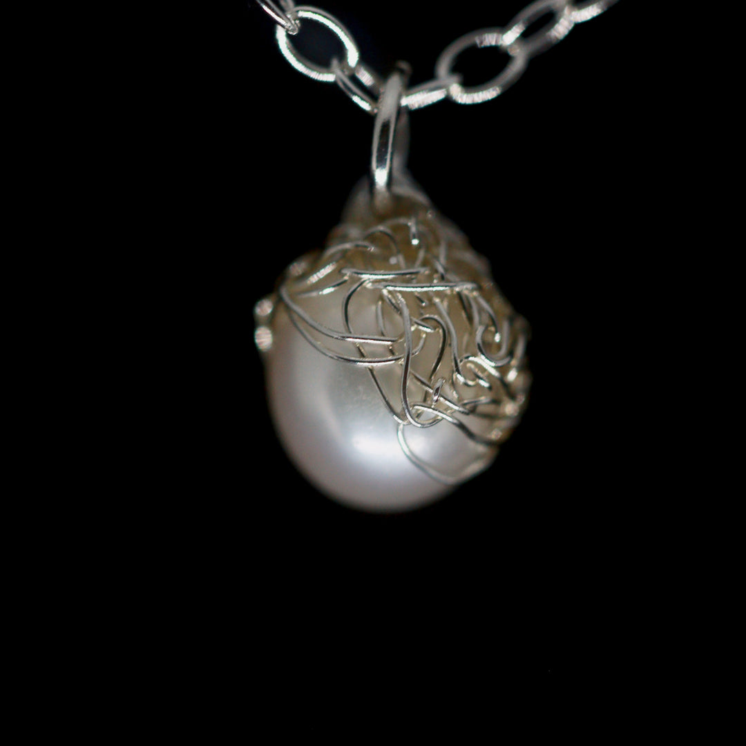 Crocheted Silver Single Pearl Necklace